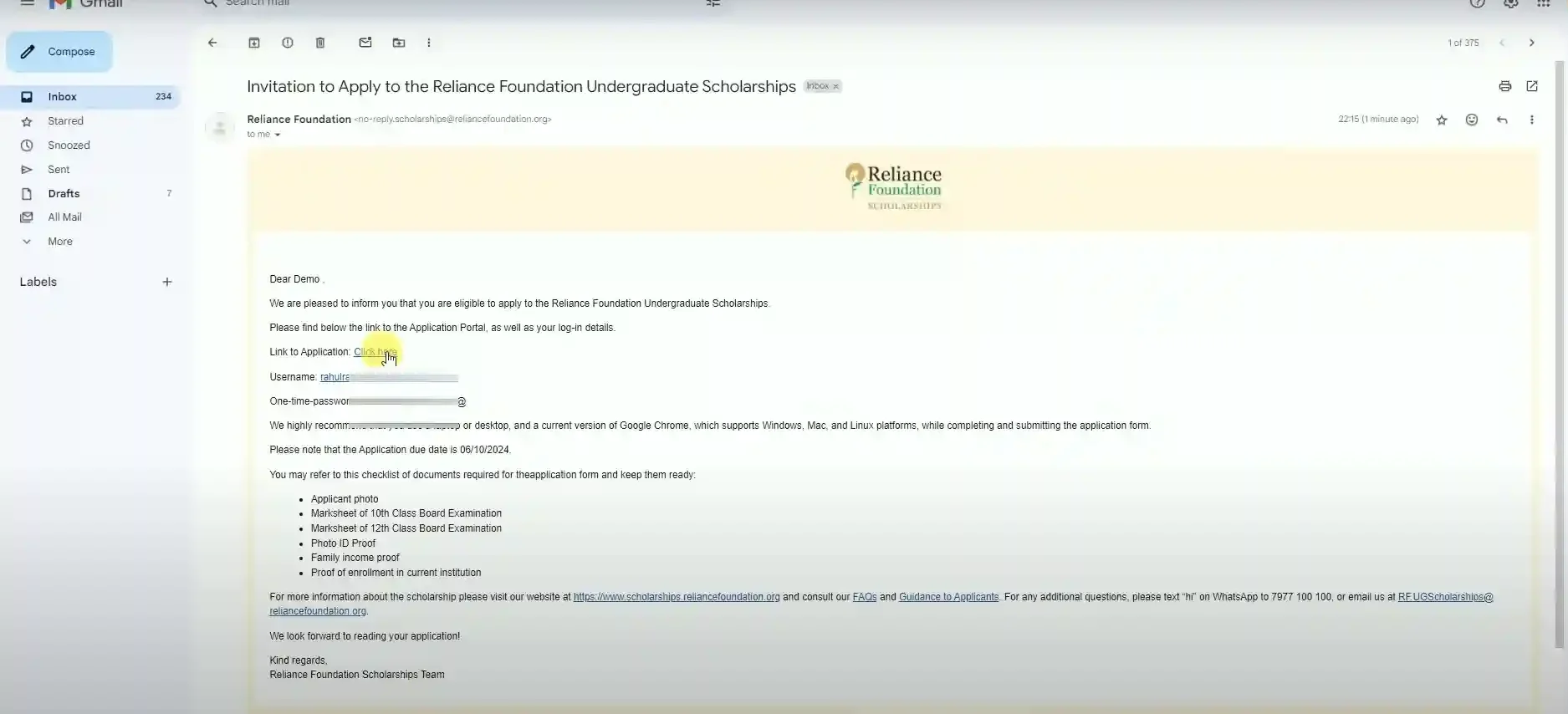 Step 4 – Verify your email and use the OTP link to generate login credentials for Reliance Foundation Scholarships portal