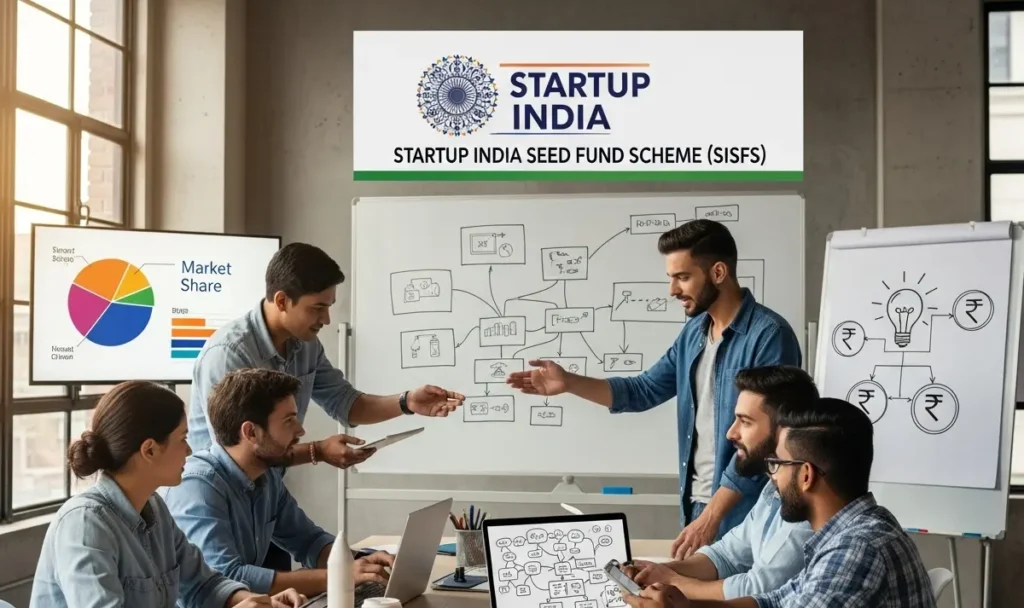 Indian startup team developing a prototype with Startup India Seed Fund Scheme (SISFS) support in an incubator environment.