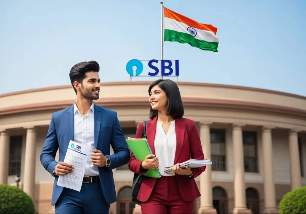 Young Indian man and woman in formal attire standing confidently outside SBI building with recruitment banner for SBI PO 2025